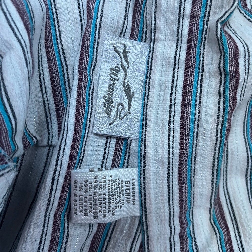 VINTAGE ((1990 STYLE)) Wrangler Blue and Brown Button Down Shirt with Stripes